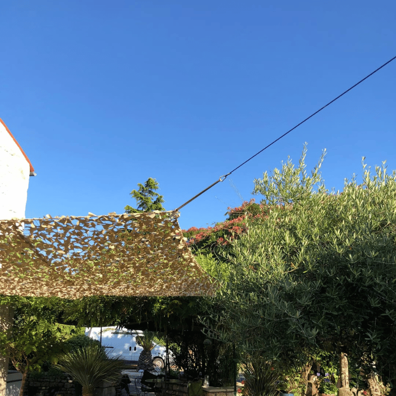 Rete mimetica tesa con corda sopra un giardino con ulivi